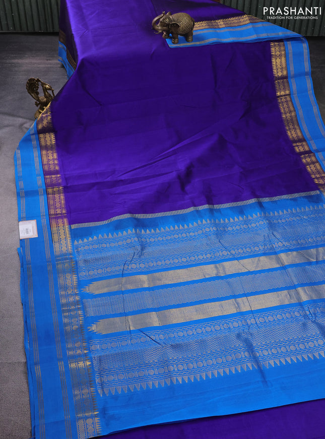 10 Yards silk cotton saree blue and cs blue with plain body and zari woven korvai border