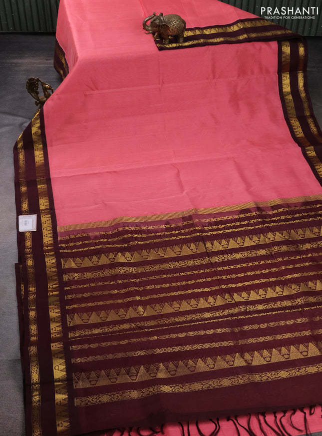 10 Yards silk cotton saree peach pink and deep maroon with plain body and zari woven korvai border