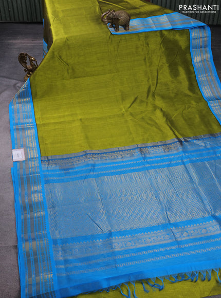 10 Yards silk cotton saree mehendi green and cs blue with plain body and zari woven korvai border