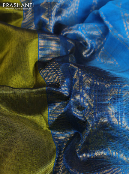 10 Yards silk cotton saree mehendi green and cs blue with plain body and zari woven korvai border
