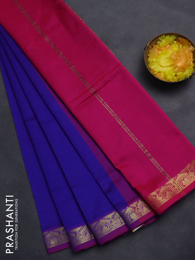 10 Yards poly cotton saree blue and pink with plain body and zari woven border