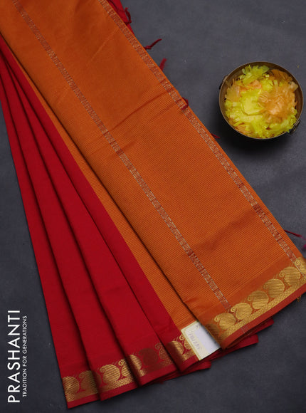 10 Yards poly cotton saree red and dark mustard with plain body and zari woven border