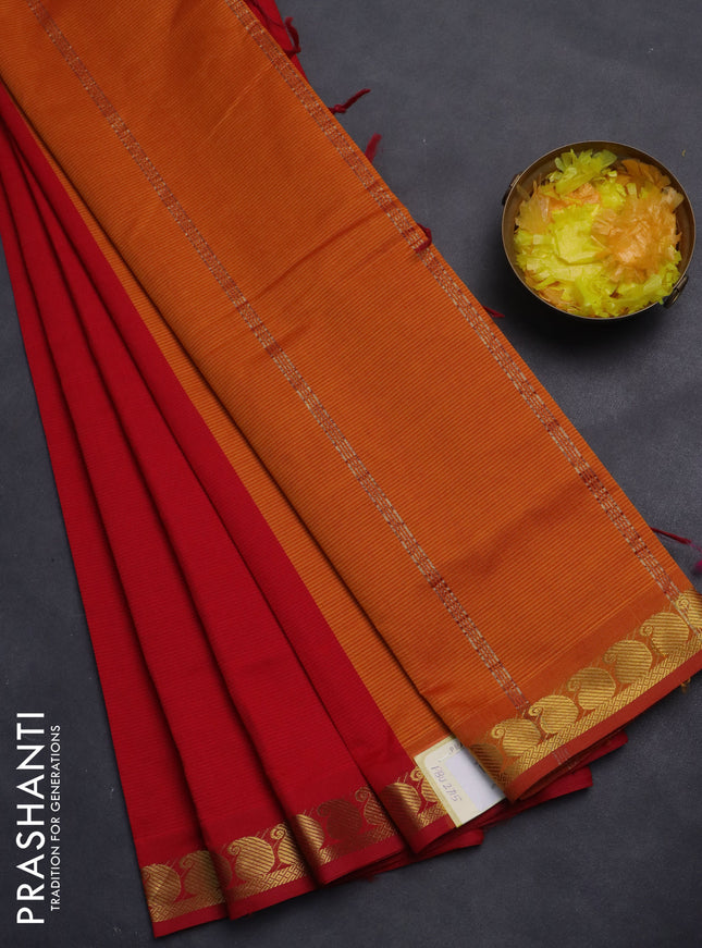 10 Yards poly cotton saree red and dark mustard with plain body and zari woven border