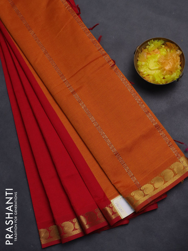 10 Yards poly cotton saree red and dark mustard with plain body and zari woven border
