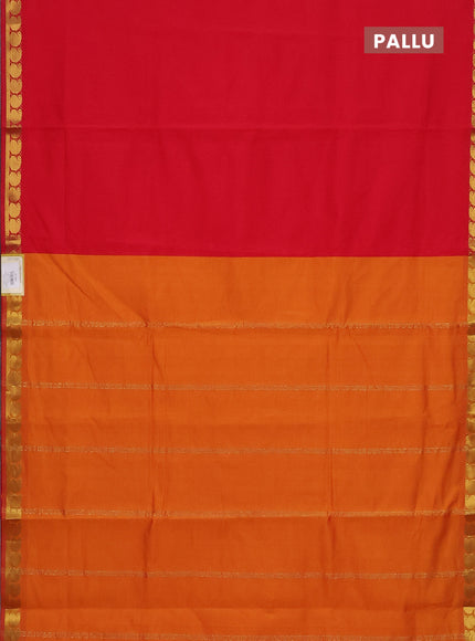 10 Yards poly cotton saree red and dark mustard with plain body and zari woven border
