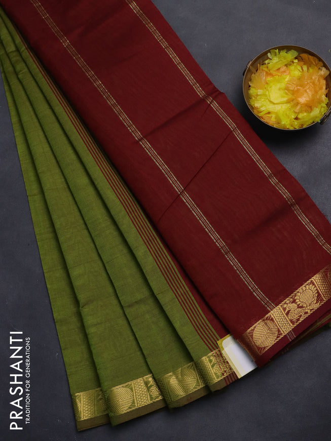 10 Yards poly cotton saree light green and maroon with plain body and zari woven border