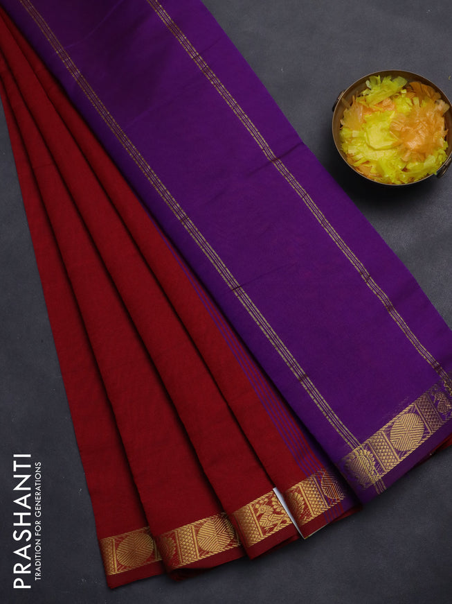 10 Yards poly cotton saree red and purple with plain body and zari woven border