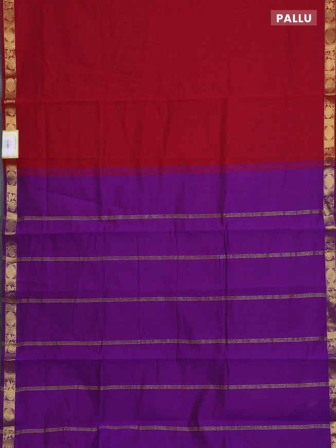 10 Yards poly cotton saree red and purple with plain body and zari woven border