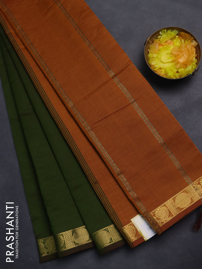 10 Yards poly cotton saree sap green and dark mustard with plain body and zari woven border