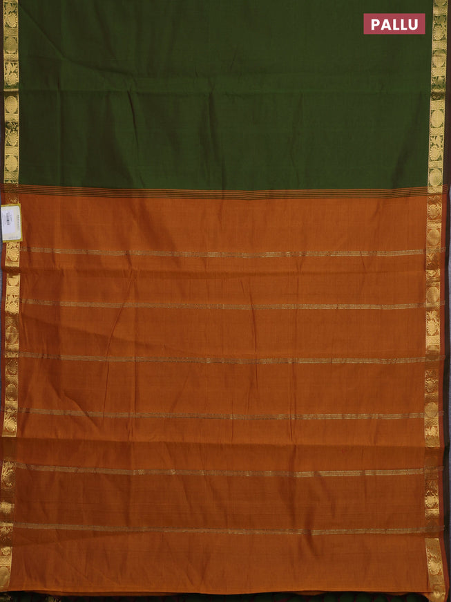 10 Yards poly cotton saree sap green and dark mustard with plain body and zari woven border