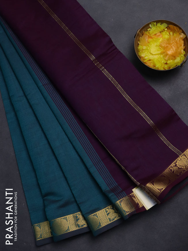 10 Yards poly cotton saree dual shade of peacock greeen and purple with plain body and zari woven border