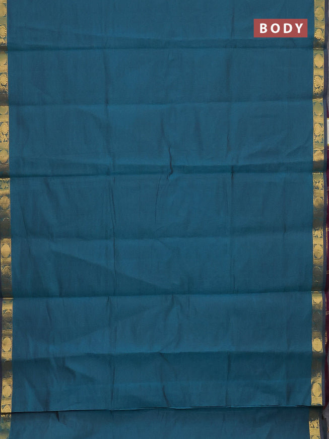 10 Yards poly cotton saree dual shade of peacock greeen and purple with plain body and zari woven border