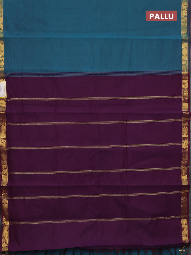 10 Yards poly cotton saree dual shade of peacock greeen and purple with plain body and zari woven border