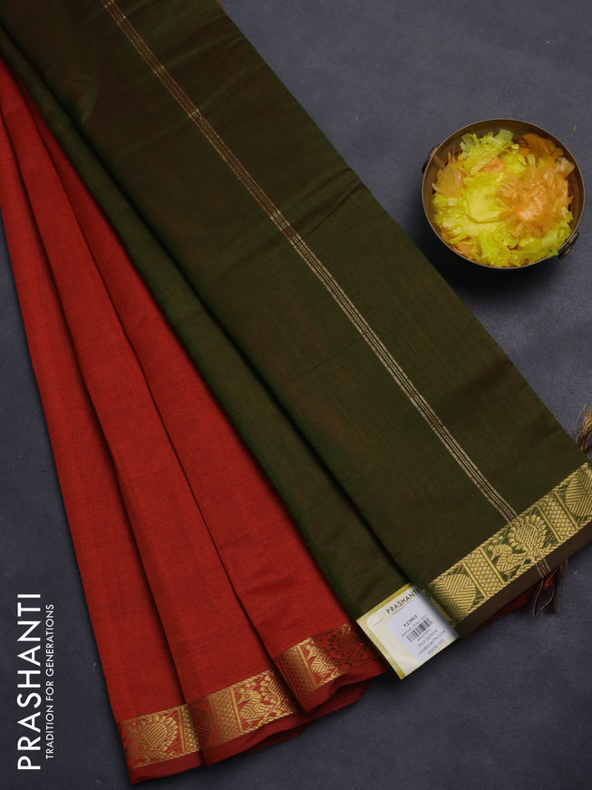 10 Yards poly cotton saree rustic orange and sap green with plain body and zari woven border