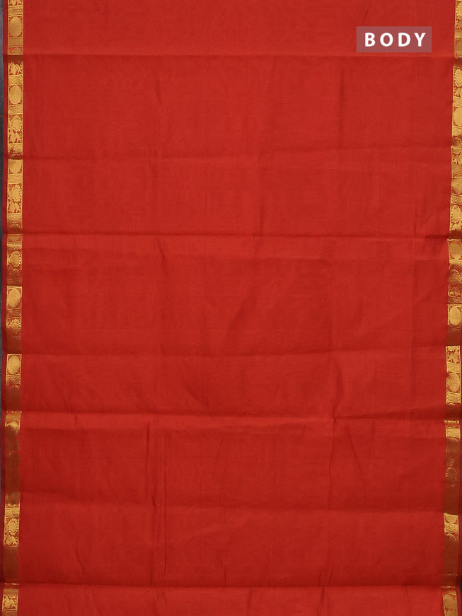 10 Yards poly cotton saree rustic orange and sap green with plain body and zari woven border