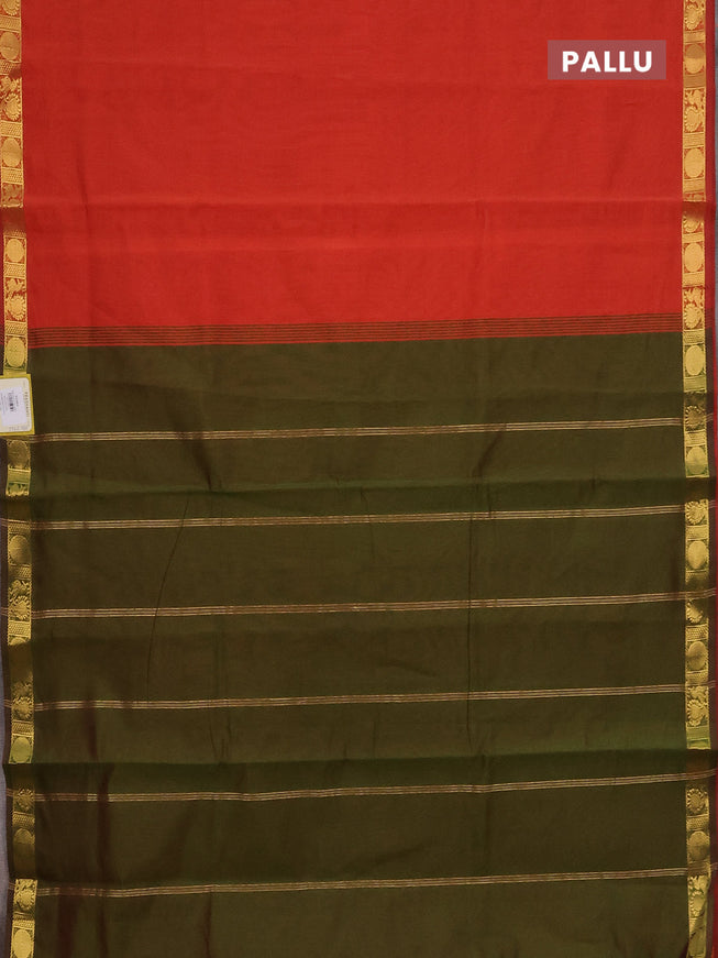 10 Yards poly cotton saree rustic orange and sap green with plain body and zari woven border