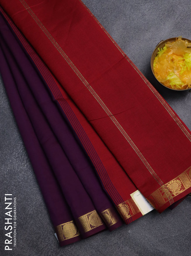 10 Yards poly cotton saree wine shade and red with plain body and zari woven border