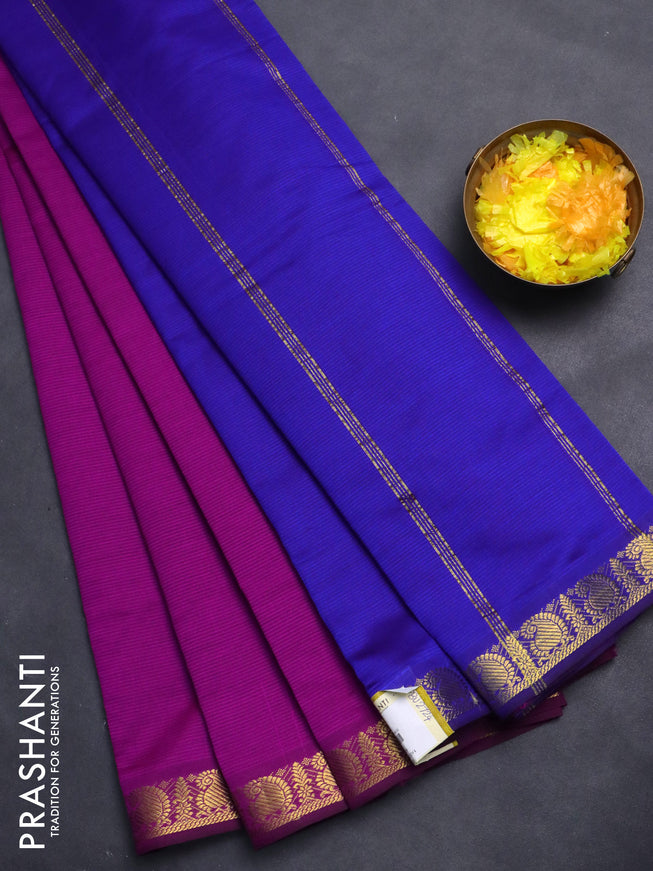 10 Yards poly cotton saree purple and blue with plain body and zari woven border