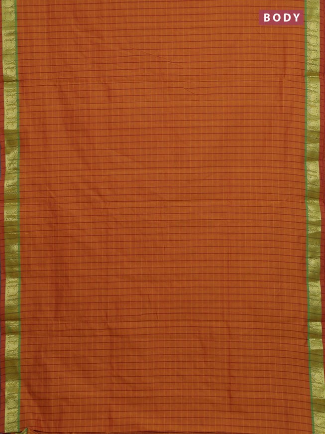 10 Yards poly cotton saree dark mustard and maroon with allover checked pattern and zari woven border