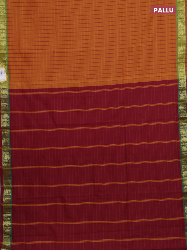 10 Yards poly cotton saree dark mustard and maroon with allover checked pattern and zari woven border