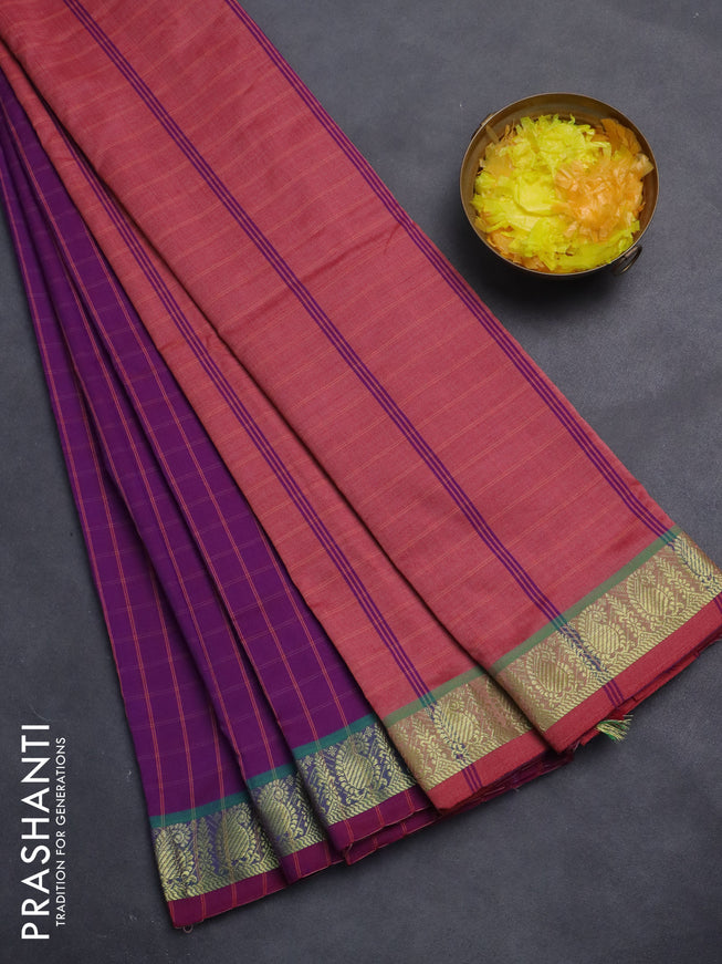 10 Yards poly cotton saree purple and dark peach shade with allover checked pattern and zari woven border