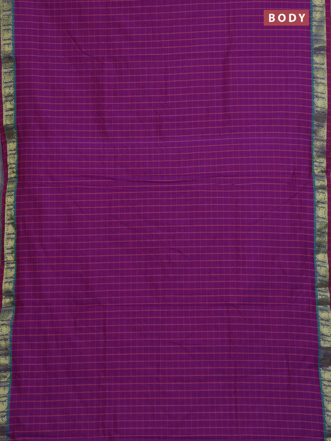 10 Yards poly cotton saree purple and dark peach shade with allover checked pattern and zari woven border