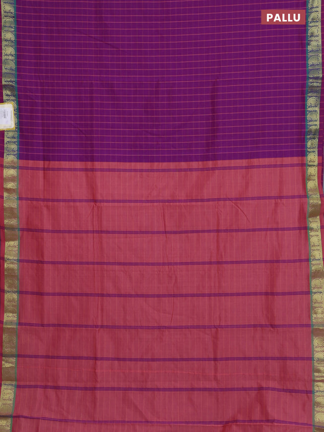 10 Yards poly cotton saree purple and dark peach shade with allover checked pattern and zari woven border