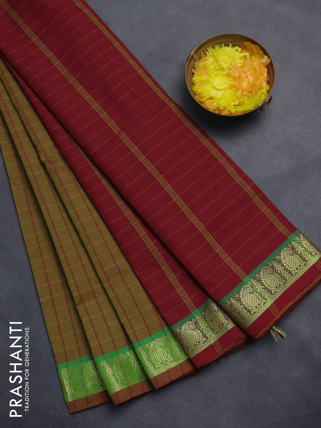 10 Yards poly cotton saree sap green and maroon with allover checked pattern and zari woven border