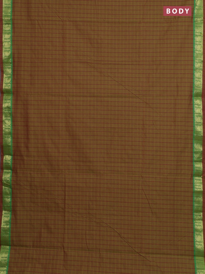 10 Yards poly cotton saree sap green and maroon with allover checked pattern and zari woven border