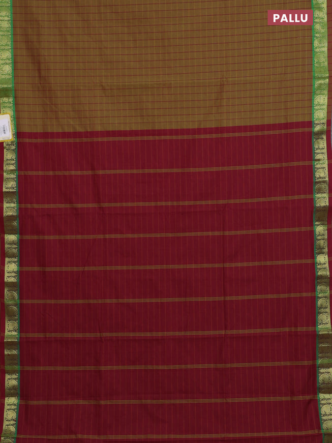 10 Yards poly cotton saree sap green and maroon with allover checked pattern and zari woven border