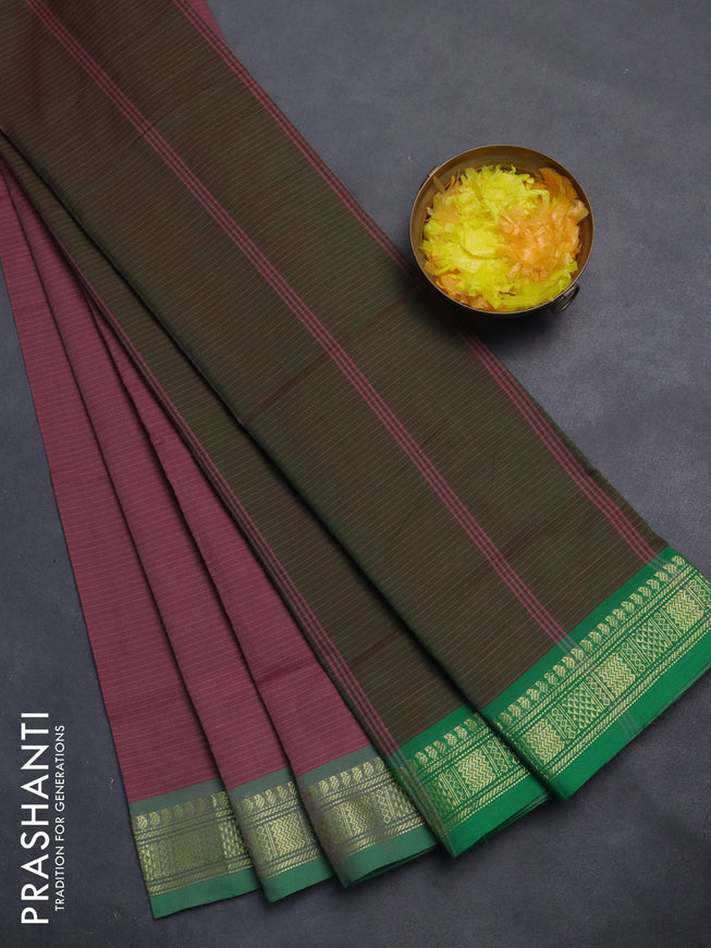 10 Yards poly cotton saree pastel pink and dual shade of green with allover stripe pattern and zari woven border