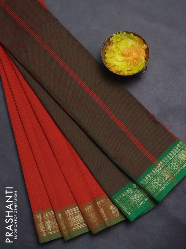 10 Yards poly cotton saree rustic orange and green with allover stripe pattern and zari woven border