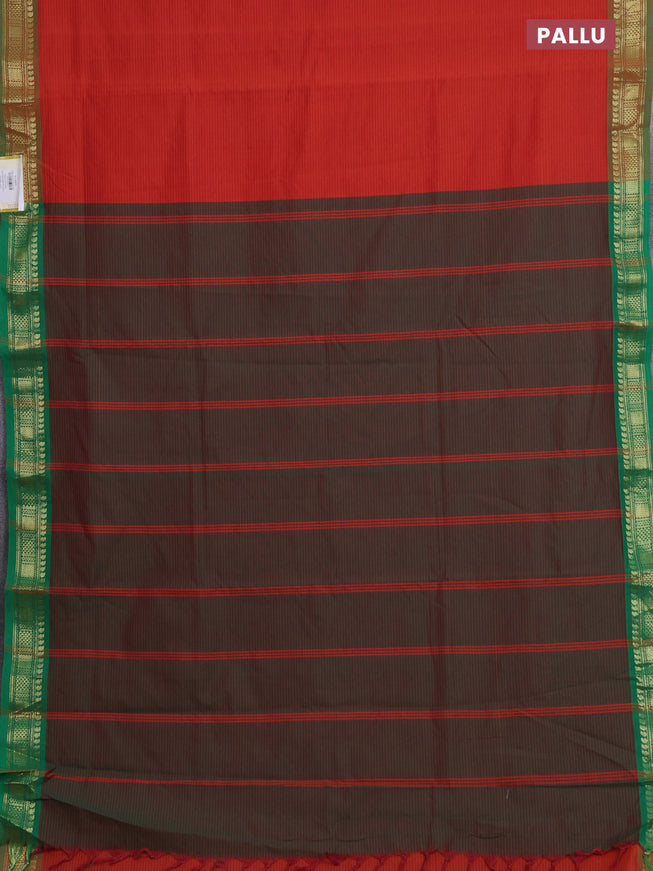 10 Yards poly cotton saree rustic orange and green with allover stripe pattern and zari woven border