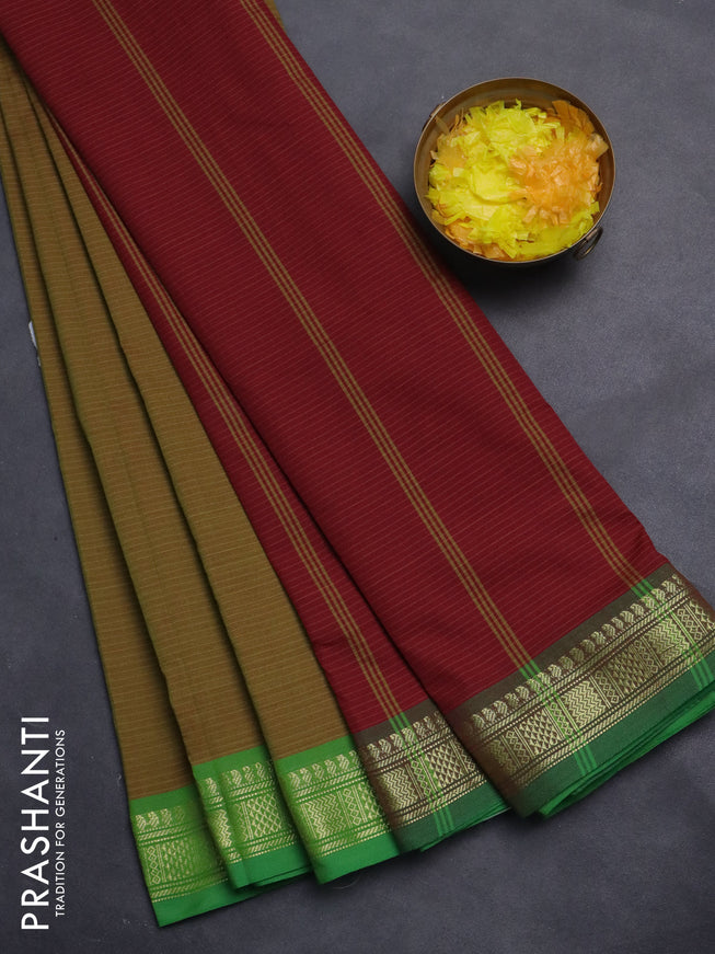 10 Yards poly cotton saree mehendi green and maroon with allover stripe pattern and zari woven border