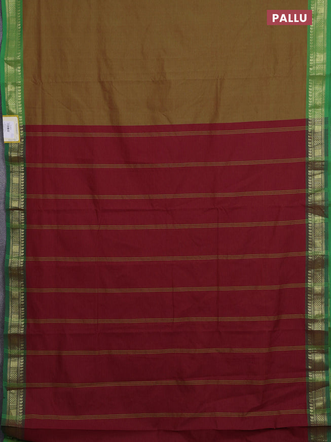 10 Yards poly cotton saree mehendi green and maroon with allover stripe pattern and zari woven border
