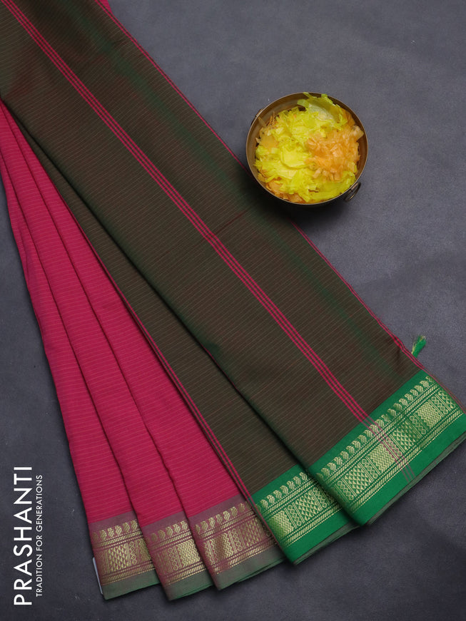 10 Yards poly cotton saree dark pink and sap green with allover stripe pattern and zari woven border