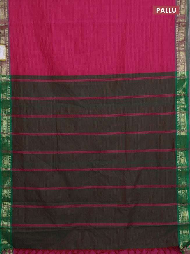 10 Yards poly cotton saree dark pink and sap green with allover stripe pattern and zari woven border