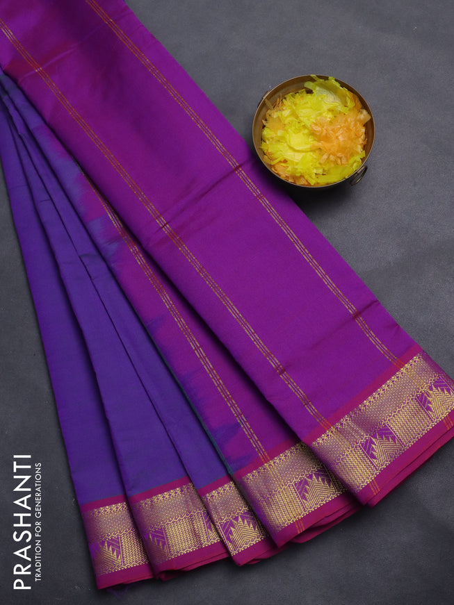 10 Yards poly cotton saree dual shade of greenish violet and purple with plain body and zari woven border