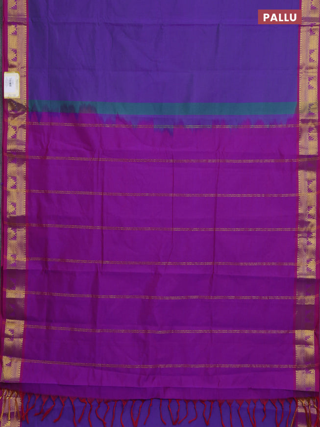 10 Yards poly cotton saree dual shade of greenish violet and purple with plain body and zari woven border