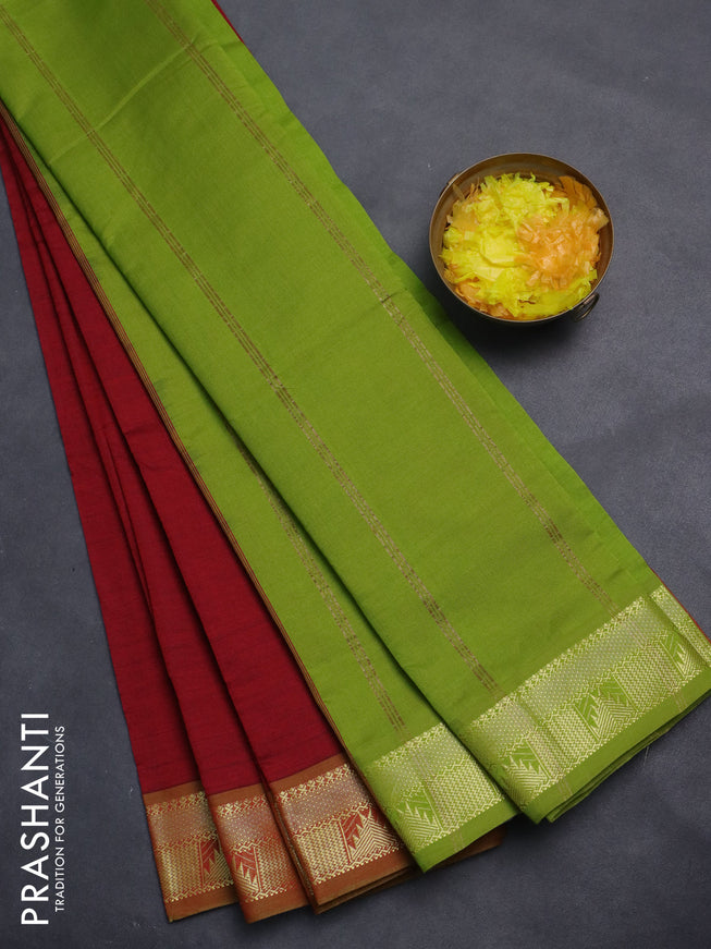 10 Yards poly cotton saree maroon and light green with plain body and zari woven border