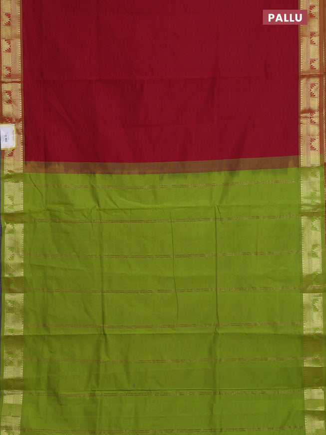 10 Yards poly cotton saree maroon and light green with plain body and zari woven border