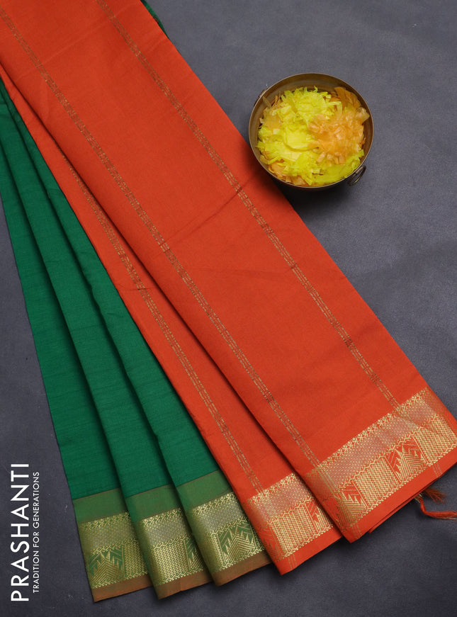 10 Yards poly cotton saree green and orange with plain body and zari woven border
