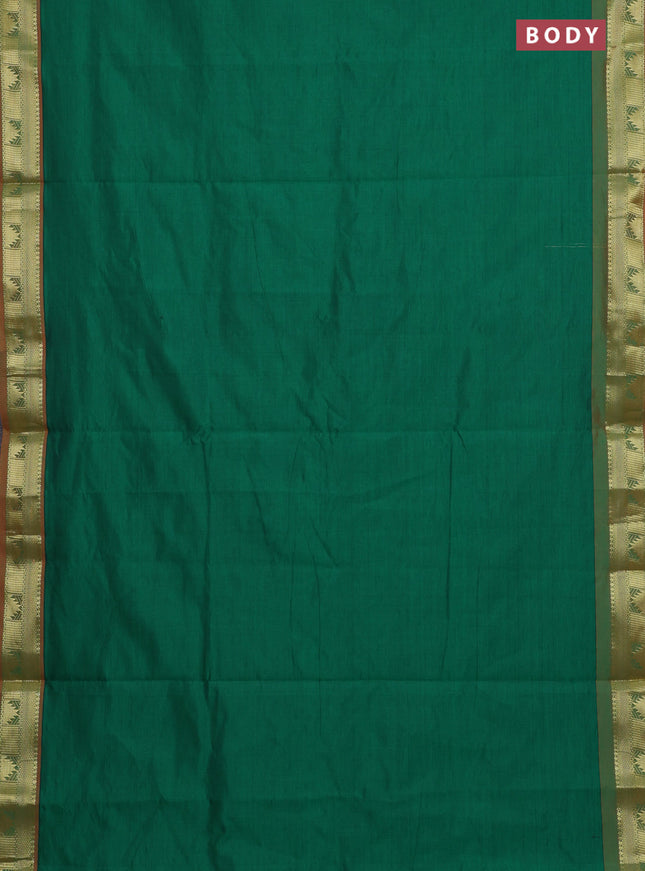 10 Yards poly cotton saree green and orange with plain body and zari woven border