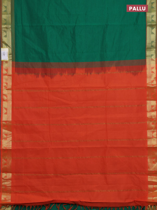 10 Yards poly cotton saree green and orange with plain body and zari woven border