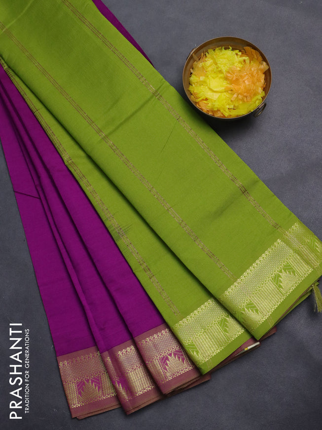 10 Yards poly cotton saree purple and light green with plain body and zari woven border