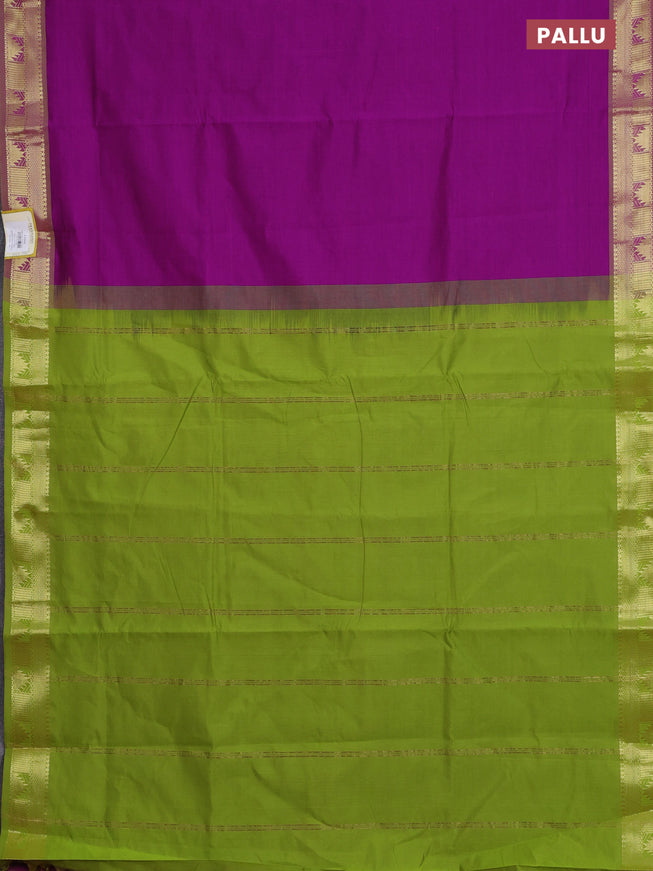 10 Yards poly cotton saree purple and light green with plain body and zari woven border
