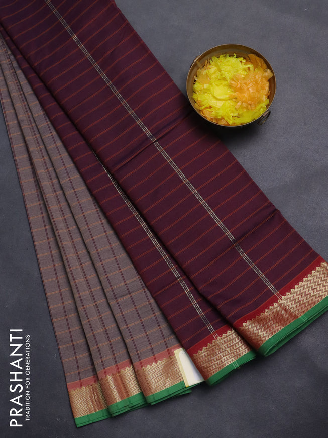 10 Yards poly cotton saree grey shade and deep maroon with allover checked pattern and zari woven border
