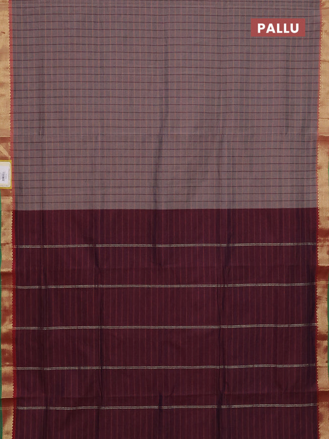 10 Yards poly cotton saree grey shade and deep maroon with allover checked pattern and zari woven border