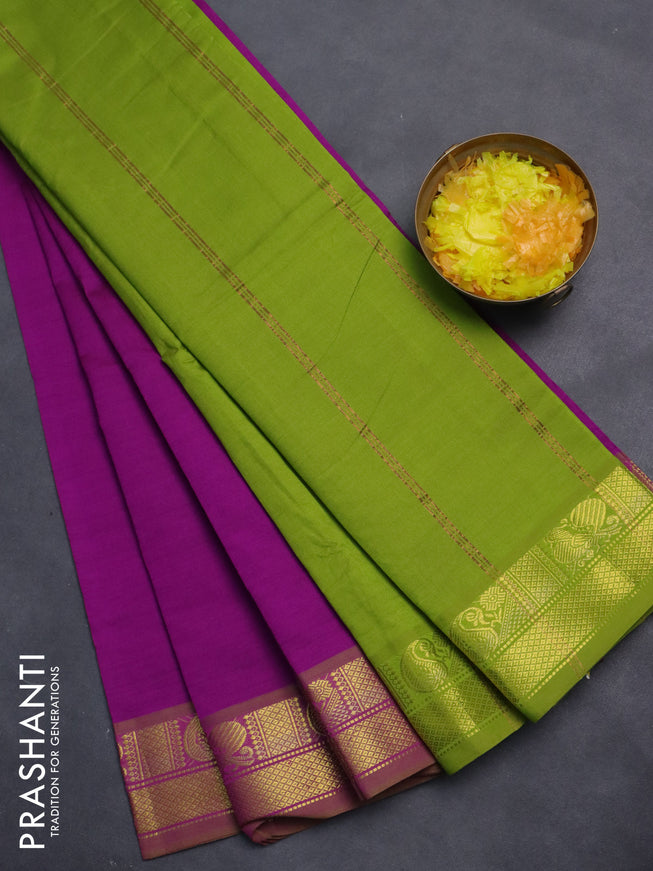 10 Yards poly cotton saree purple and light green with plain body and zari woven border