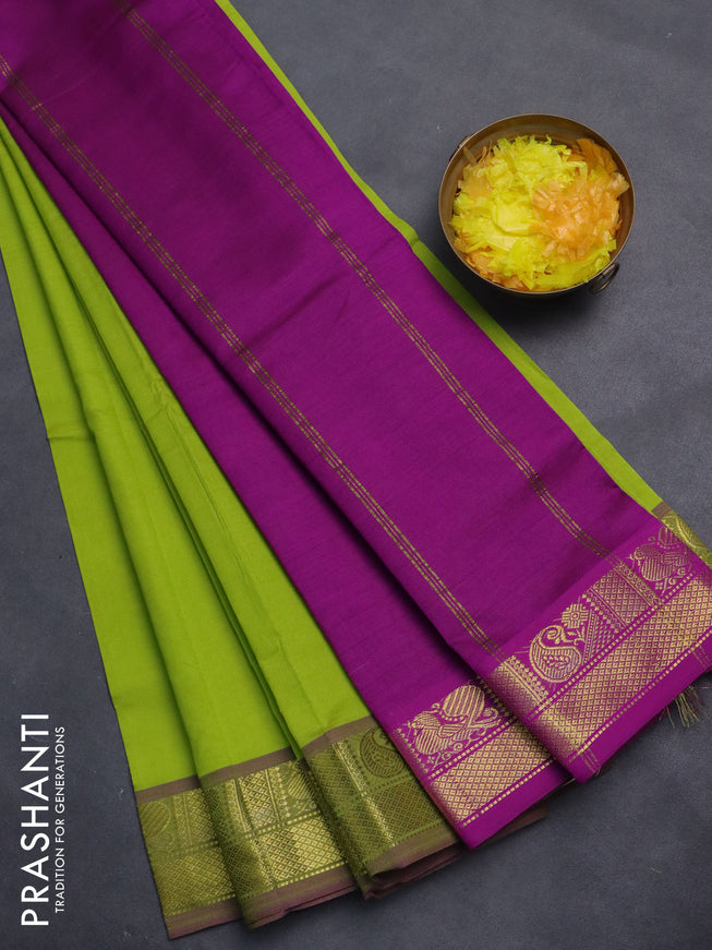10 Yards poly cotton saree light green and purple with plain body and zari woven border